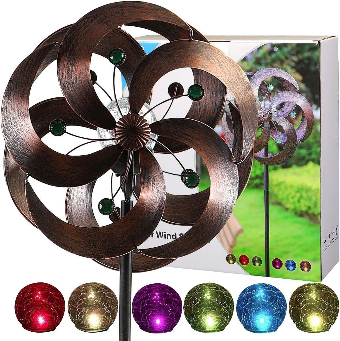 Elegant Solar Wind Spinner with Crackle Glass Ball & Kinetic Motion Design