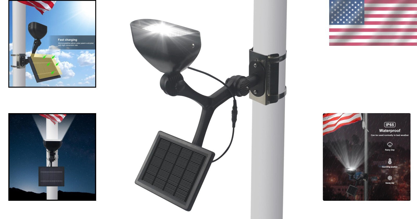 6 Super Bright Solar Flagpole Lights - IP65 Waterproof, Easy Installation