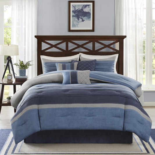 Cozy 7-Piece Queen Comforter Set - Modern Geometric Design in Collins Blue/Grey