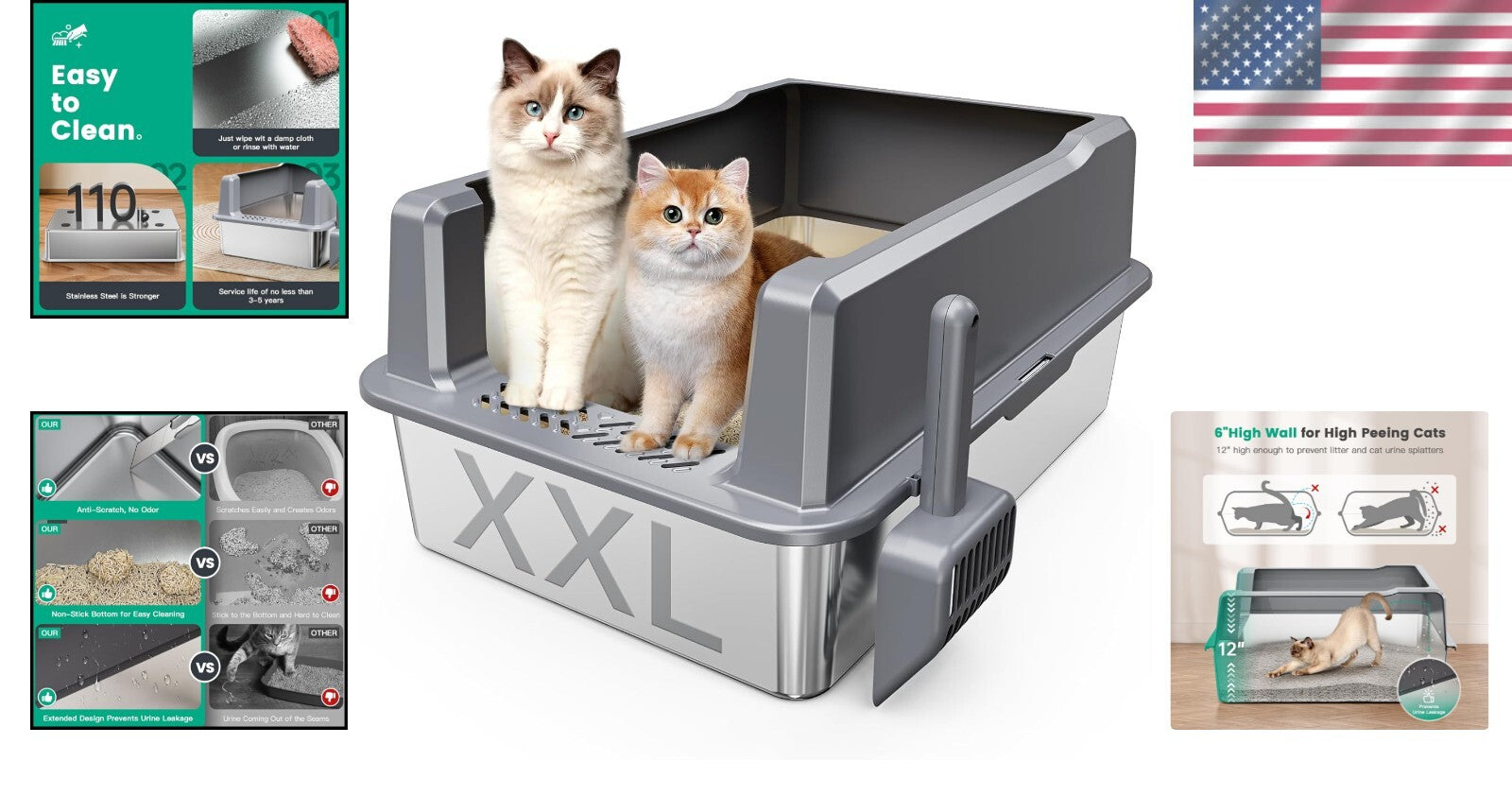 Oversized Stainless Steel Cat Litter Pan with Lid - Ideal for Big Cats & Kittens