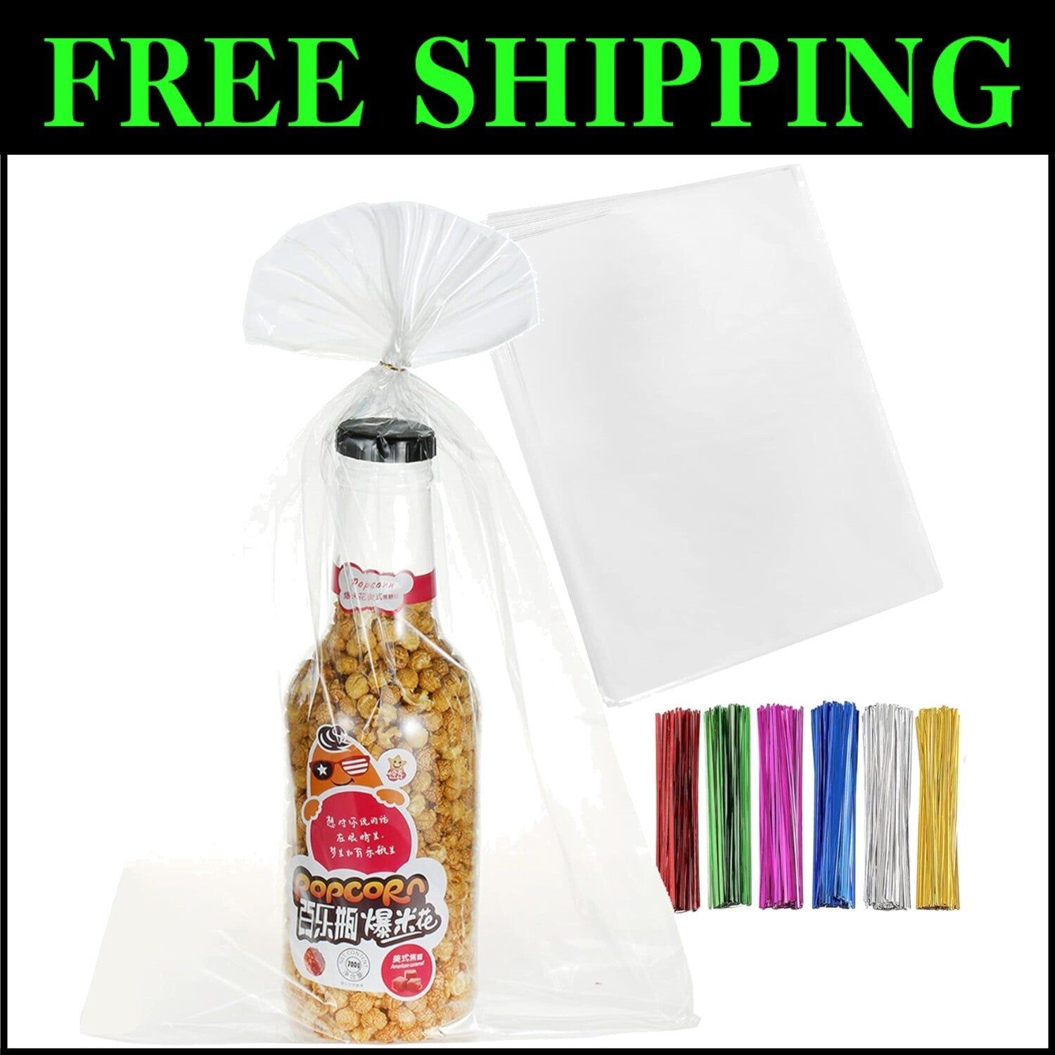 100 Pcs Premium 20"x30" Clear Cello Treat Bags with Colorful Twist Ties
