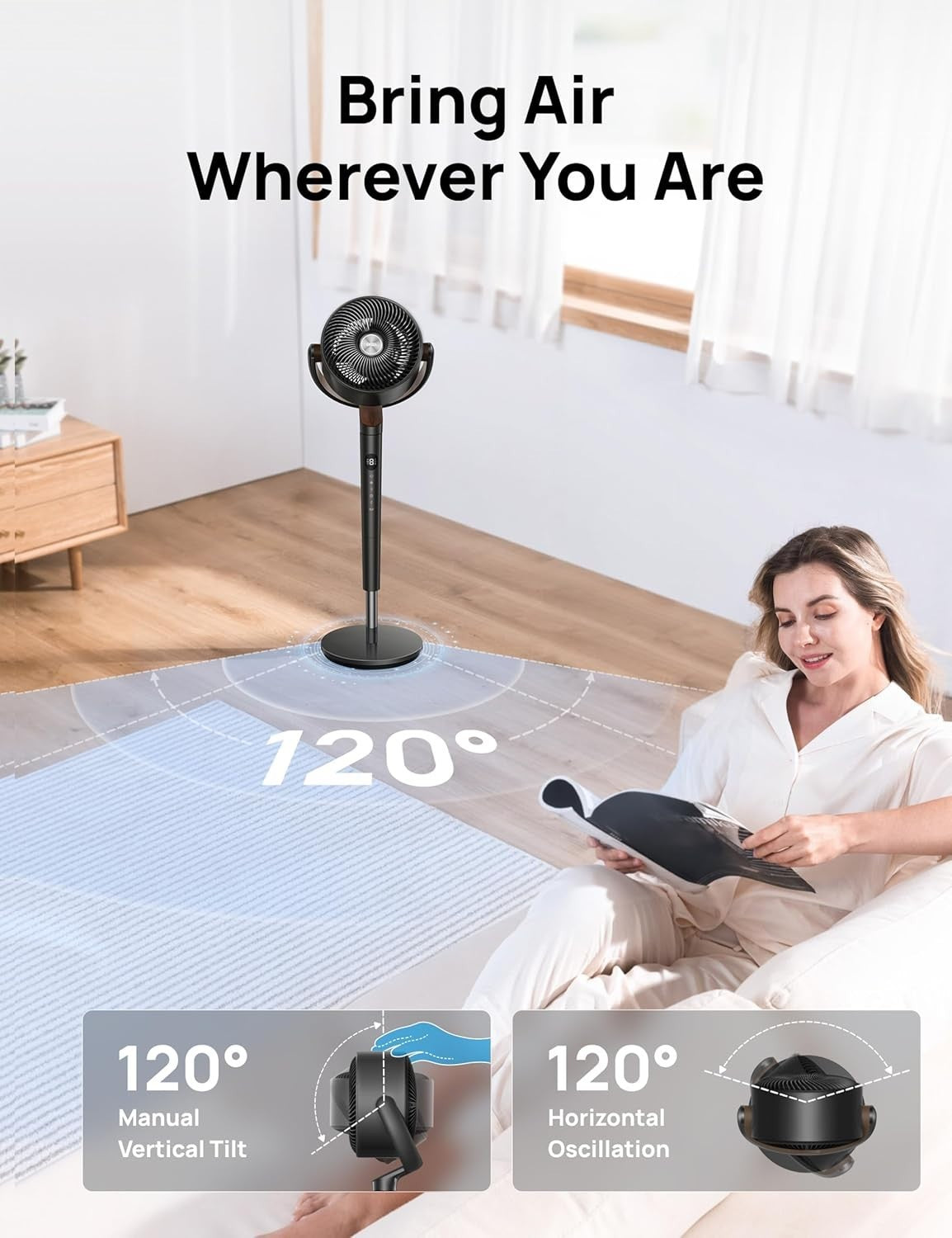 Energy-Efficient DC Motor Floor Fan with Adjustable Height and 120° Oscillation