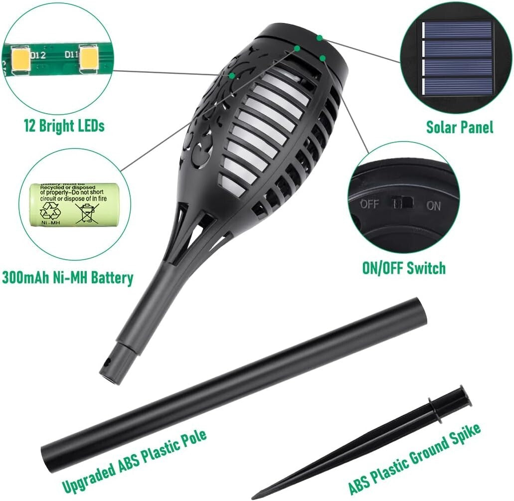 12-Pack Solar Flame Torch Lights - Waterproof Outdoor Decor for Patio & Garden