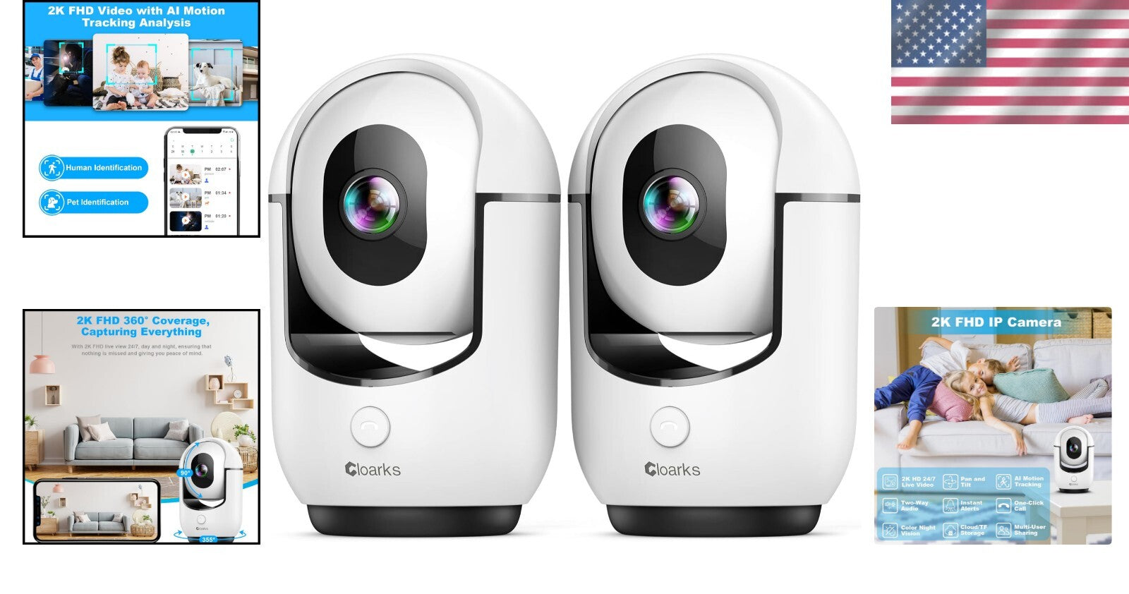 Enhanced 2K Indoor Security Camera - Smart Alerts and 24/7 Monitoring - 2 Pack