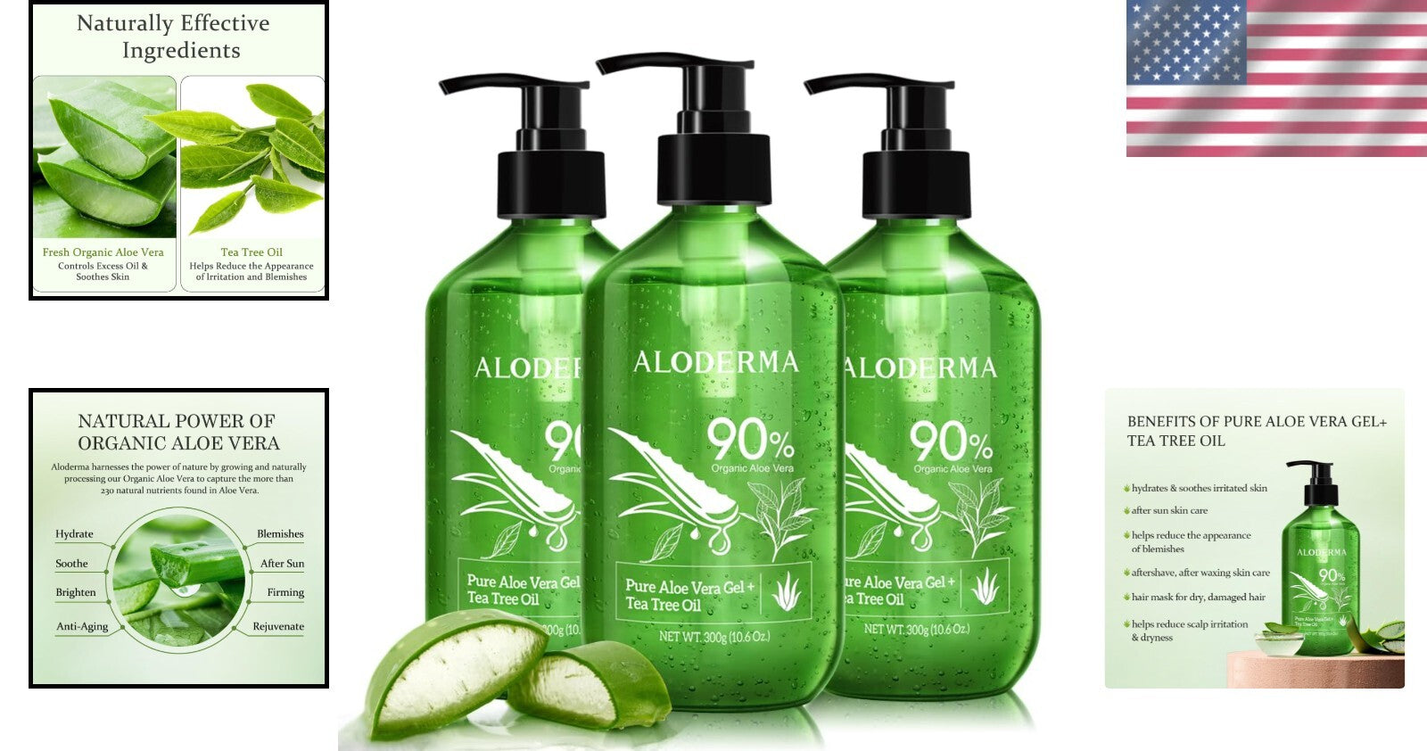 Pure Aloe Vera Gel & Tea Tree Oil - Nourishing Skin Moisturizer, 900ml Trio