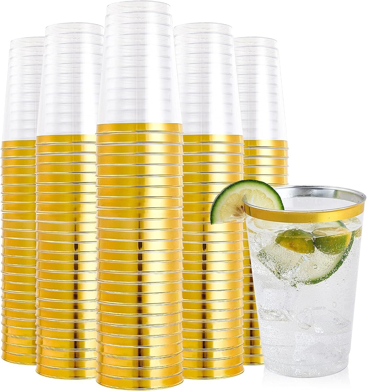 200 Pack 12 oz Gold Rimmed Plastic Cups – Fancy Disposable Tumblers for Parties