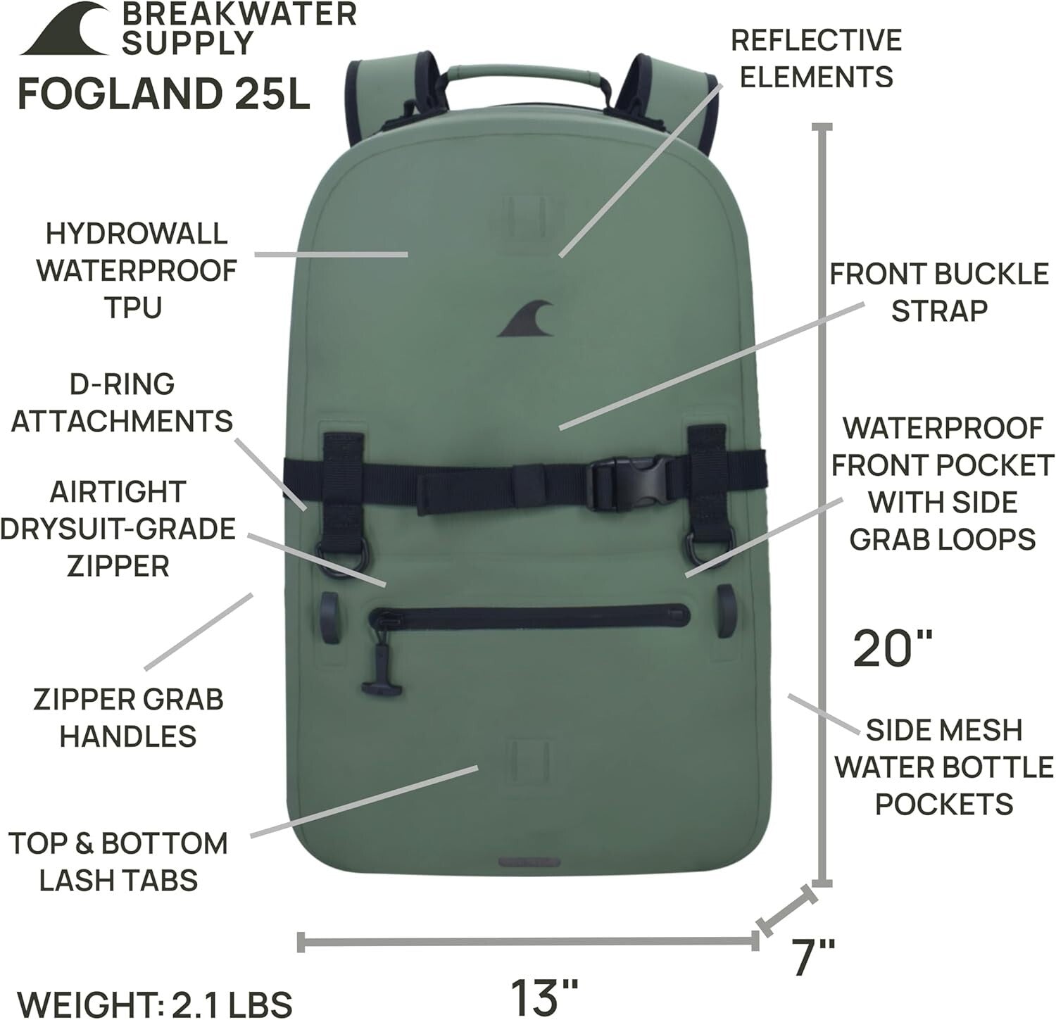 25L Fogland Outdoor Waterproof Backpack with Airtight Zippers & Laptop Sleeve