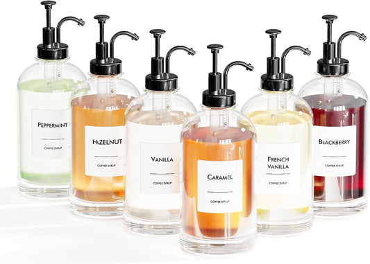 Elegant Coffee Syrup Dispenser Set - 6 Glass Bottles with Leak-Proof Pumps