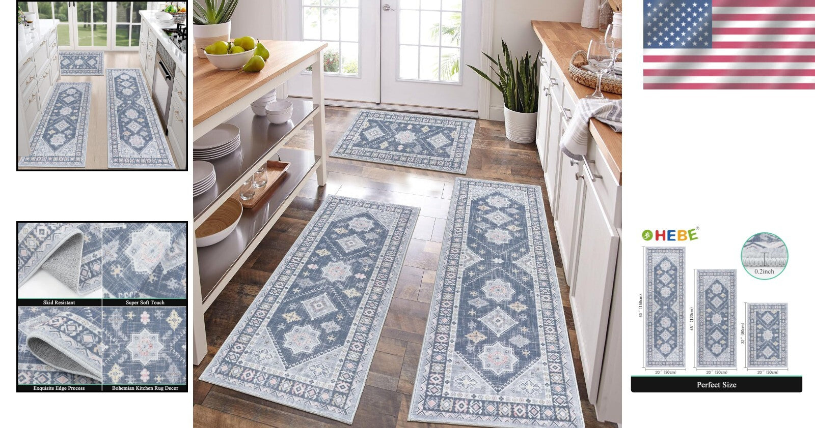 Durable Floral Kitchen Rug Set - 3-Piece with Machine Washable Runner for Safety