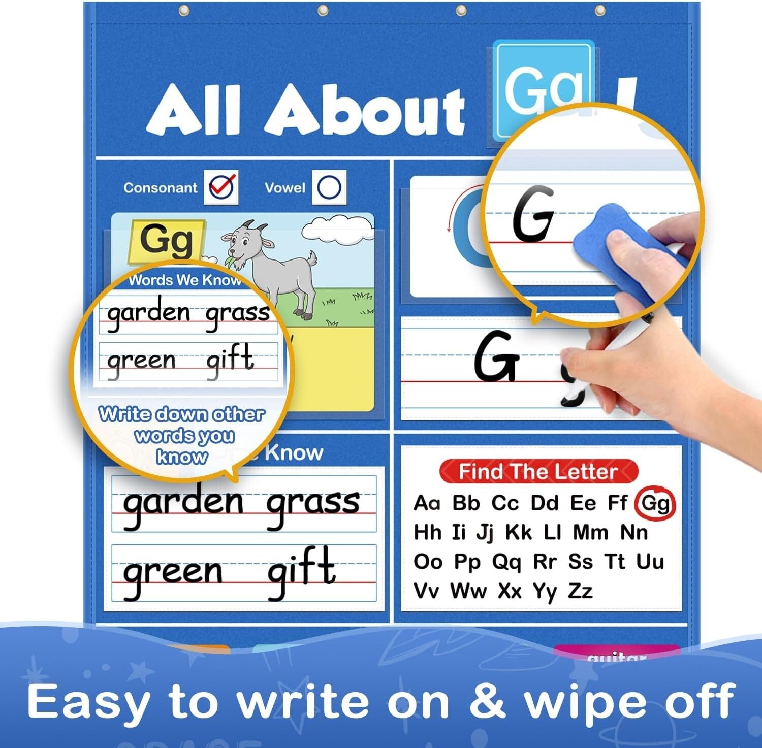 Interactive Alphabet Learning Pocket Chart with Write & Wipe Surface for Kids