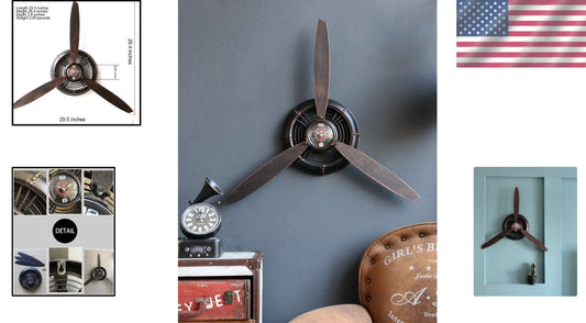 Vintage Airplane Propeller Wall Clock - Antique Metal Decor for Living Room