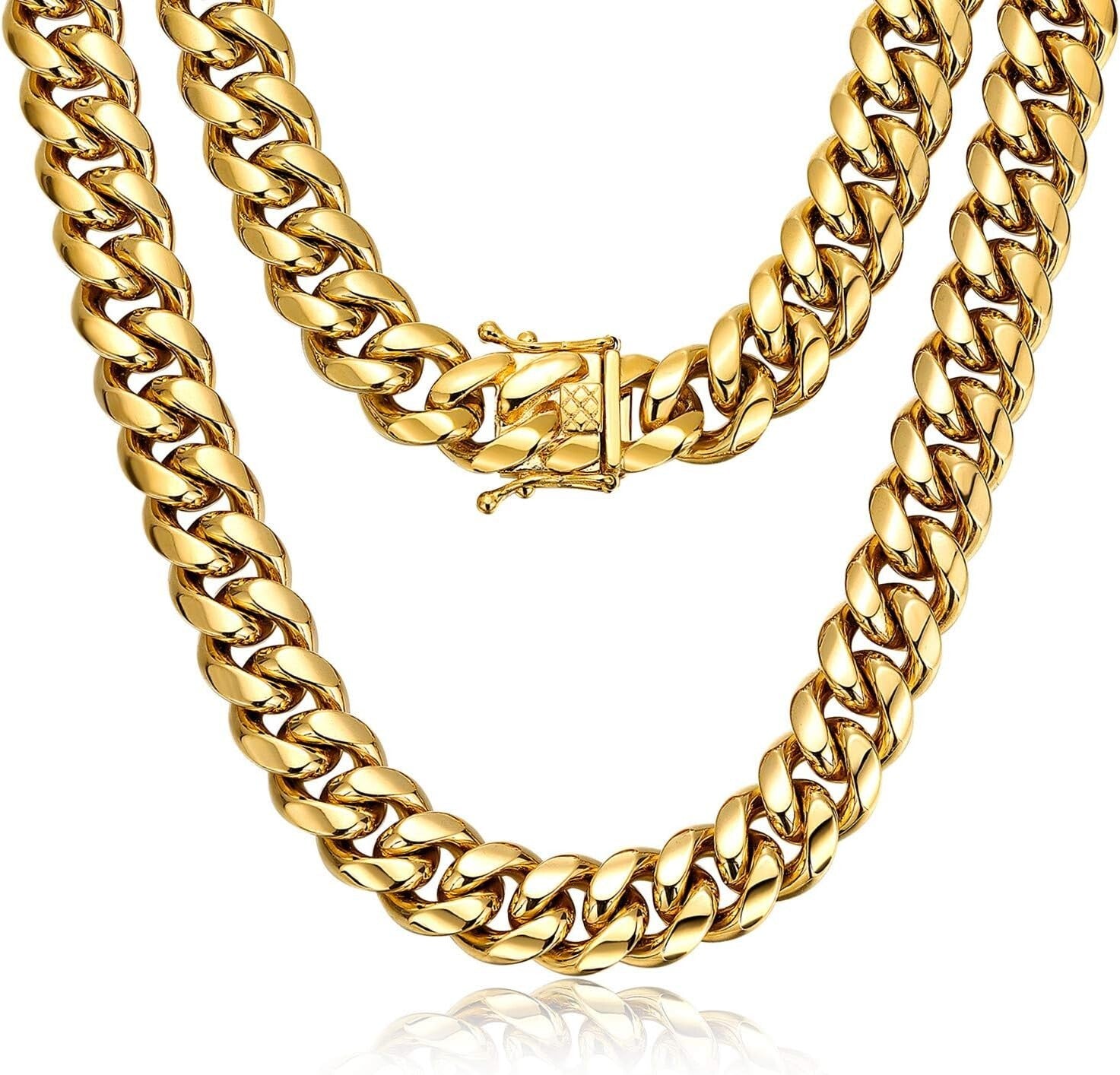 15mm Miami Cuban Link Chain Necklace - 18k Gold Stainless Steel - Stylish Unisex
