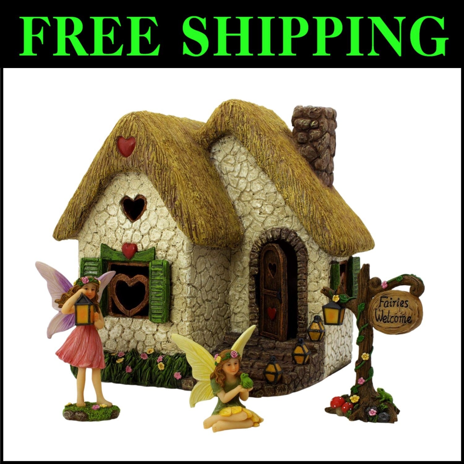 7-Inch Water-Resistant Fairy Garden House Kit with Fairies & Accessories