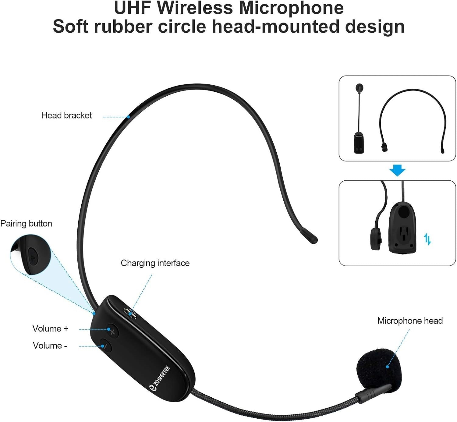 10W Teacher Voice Amplifier with UHF Wireless & Wired Microphones for Classrooms