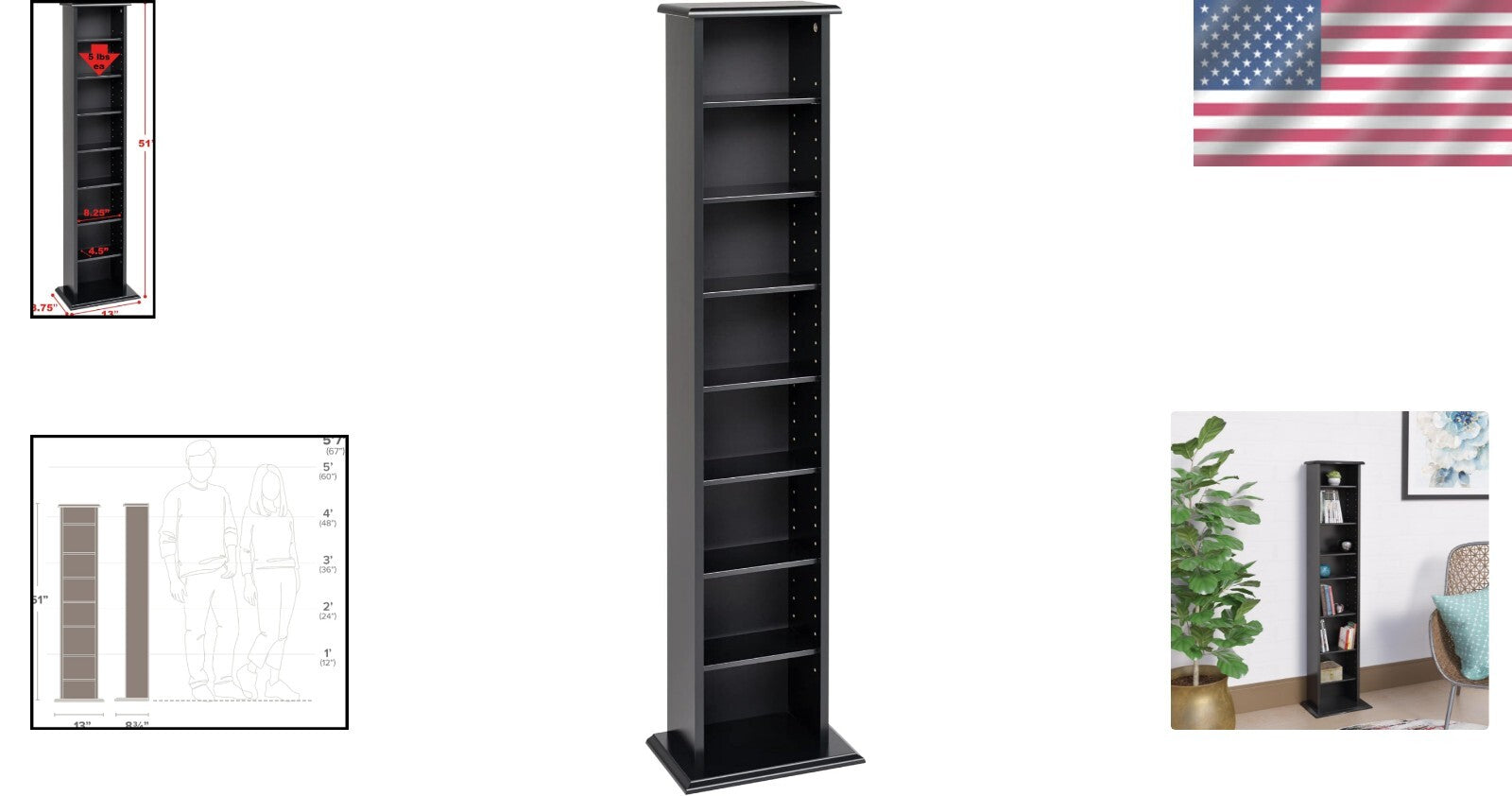 Durable Black Media Cabinet with 7 Adjustable Shelves for Customized Storage
