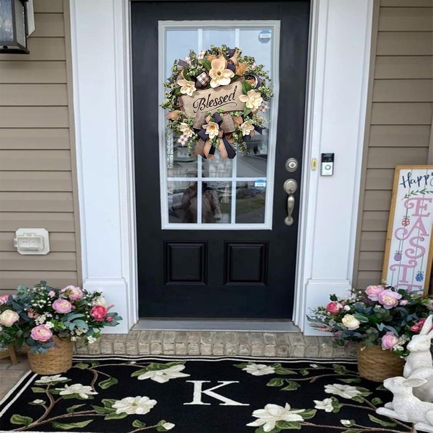Farmhouse Magnolia Front Door Wreath with 'Blessed' Plaque for All Seasons