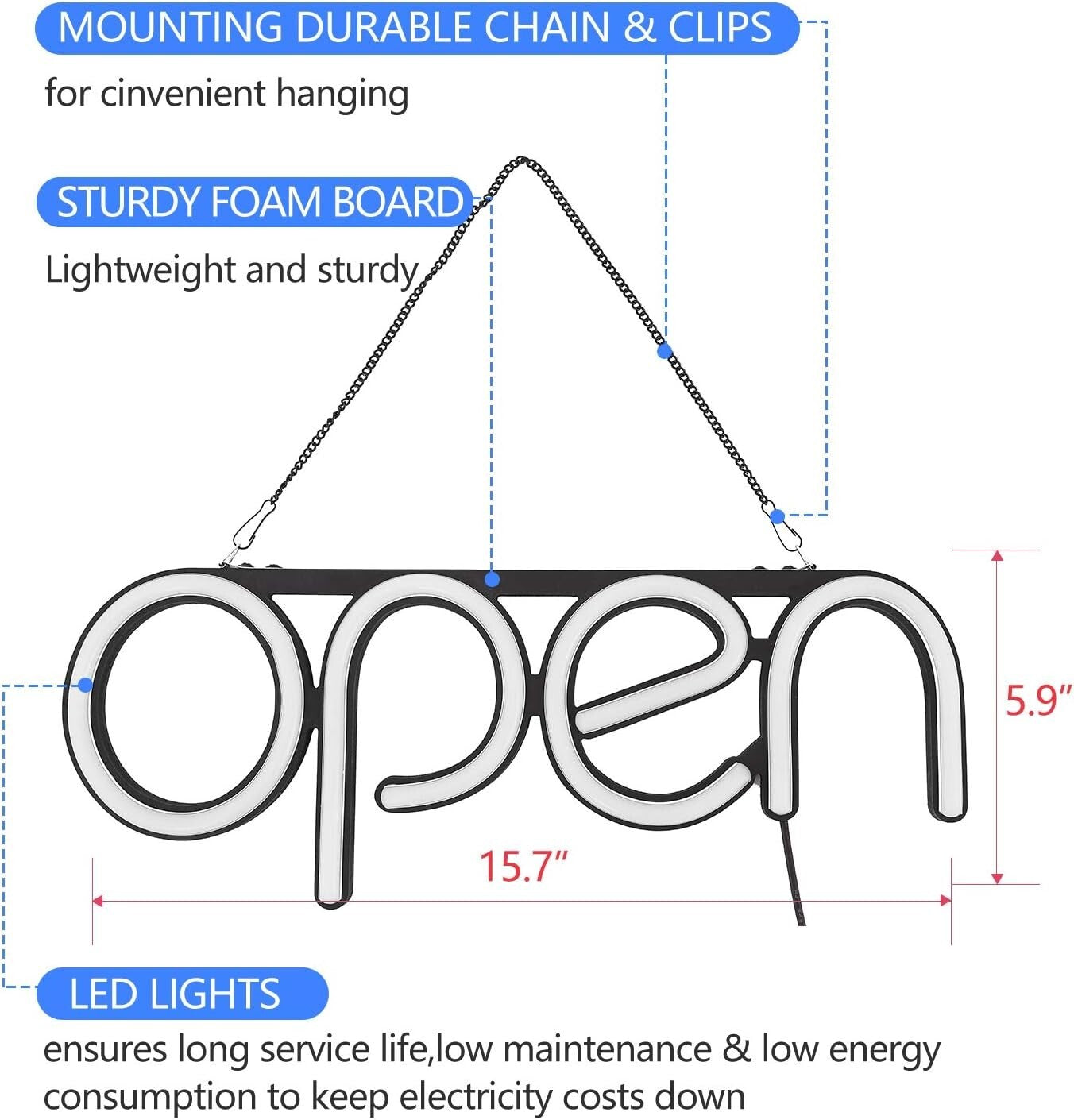 16x6 Energy-Saving LED Open Sign with Double-Sided Open/Closed Display