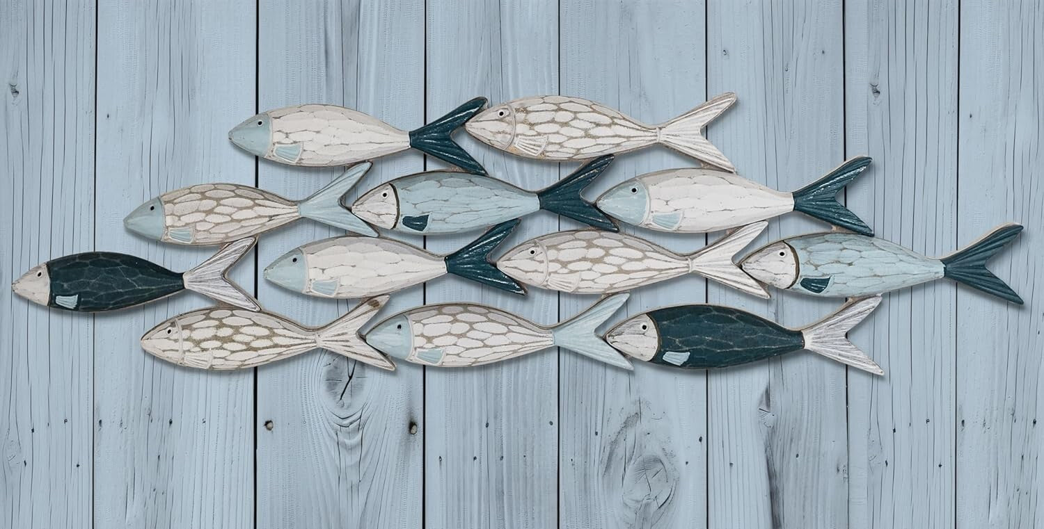 Navy and Light Blue Wooden Fish Wall Art - Coastal Elegance for Any Room