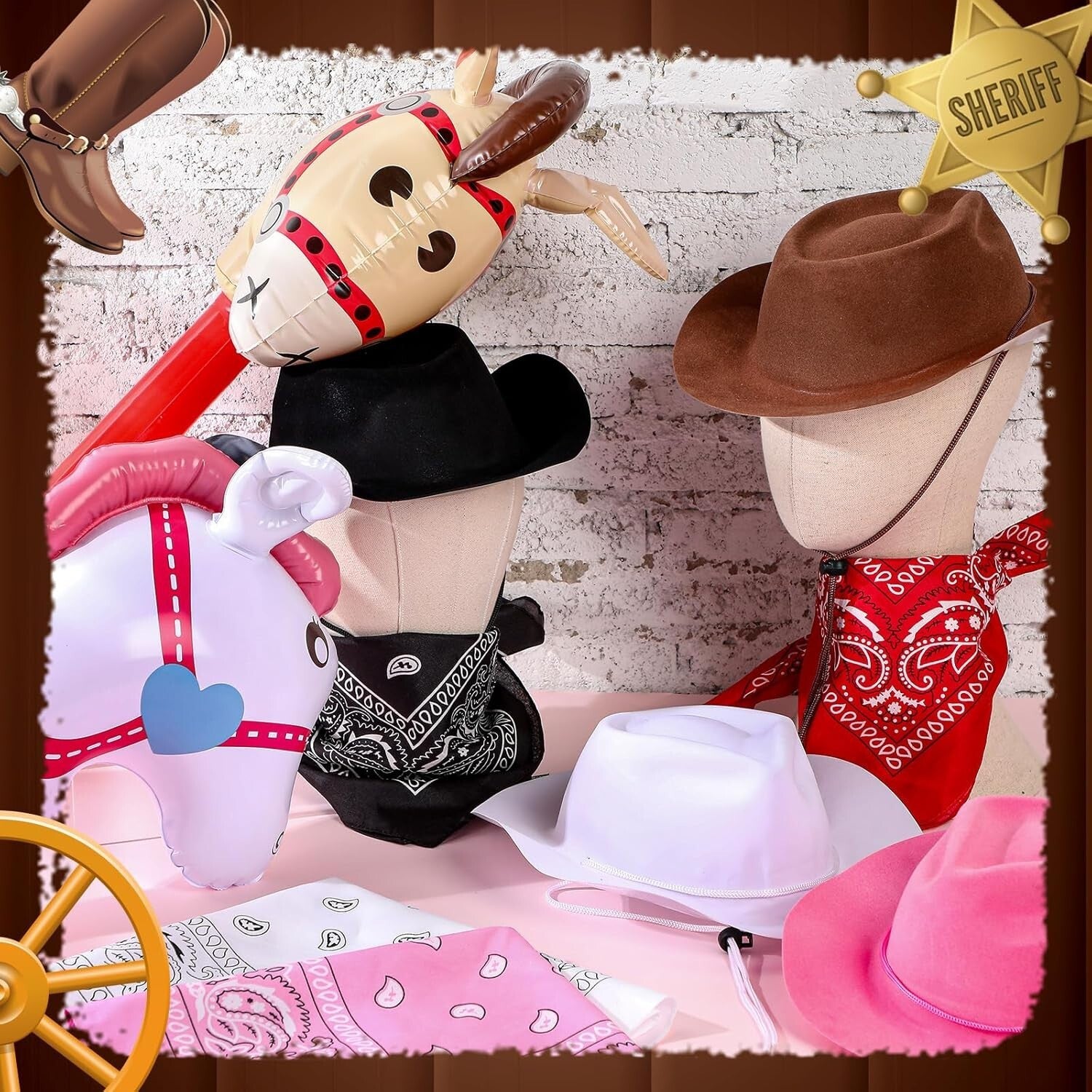 Fun Cowboy Costume Set - 36 Pcs of Hats, Bandanas & Inflatable Stick Horses