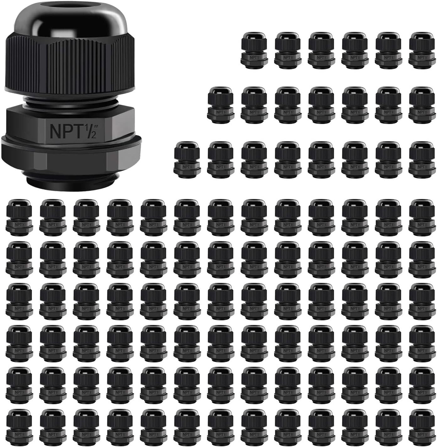 100-Pack NPT 1/2’ Waterproof Cable Glands - Reliable Black Nylon Connectors