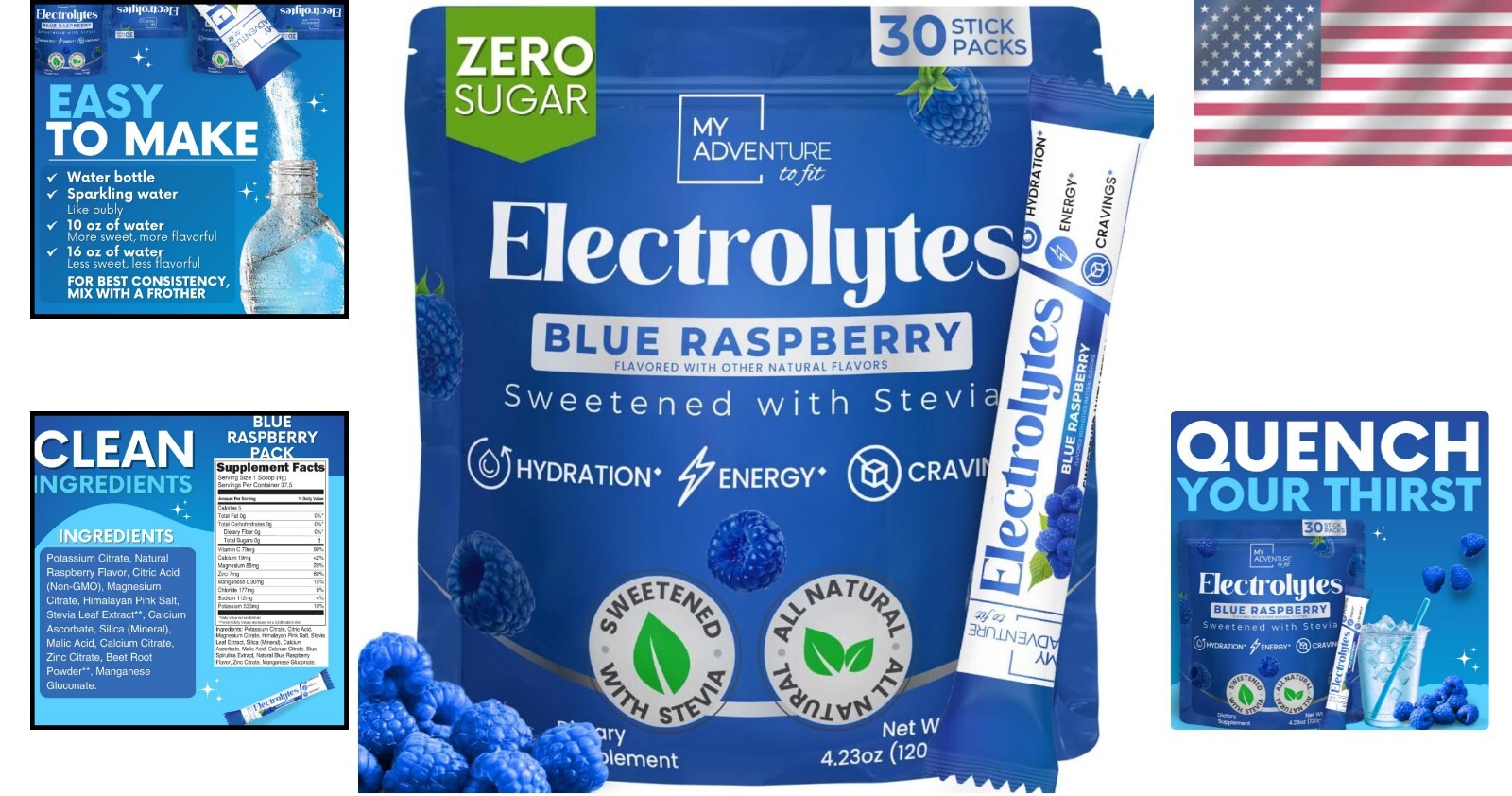 Caffeine-Free Blue Raspberry Electrolytes Powder - 30 Pack for Refreshing Energy
