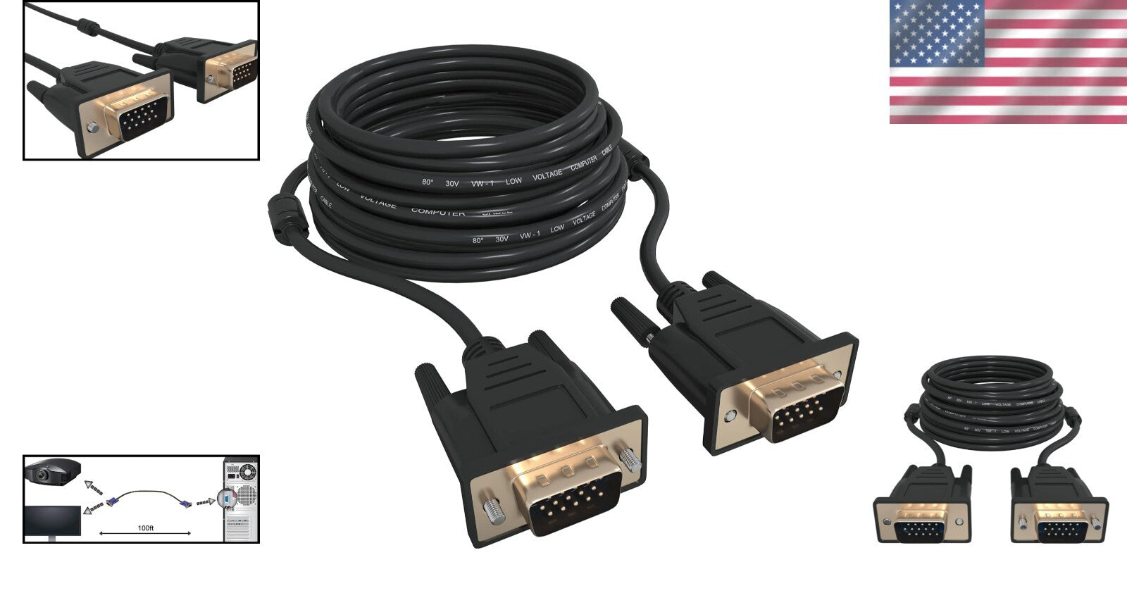 100ft VGA Cable - Versatile 15-Pin Connection for PCs, TVs, and Projectors