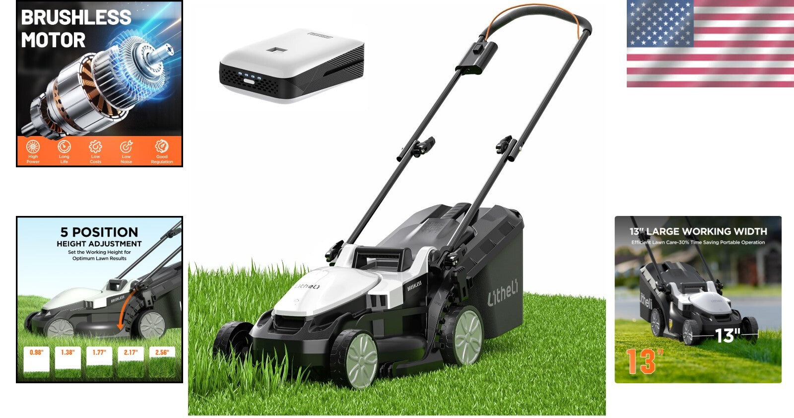 Battery-Powered Lawn Mower: 13" Cutting Width with Brushless Motor & 4Ah Battery