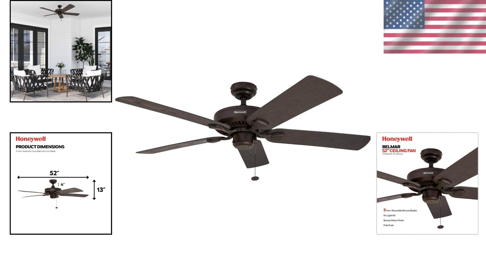 Belmar 52" Outdoor Ceiling Fan in Bronze - Quiet Operation with Pull Chain