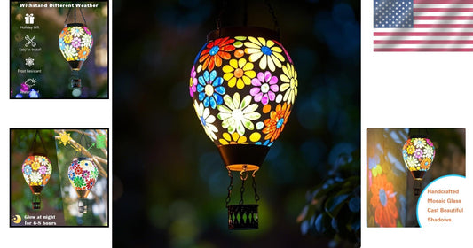 Waterproof Glass Mosaic Hot Air Balloon Lantern - Solar Powered Elegance