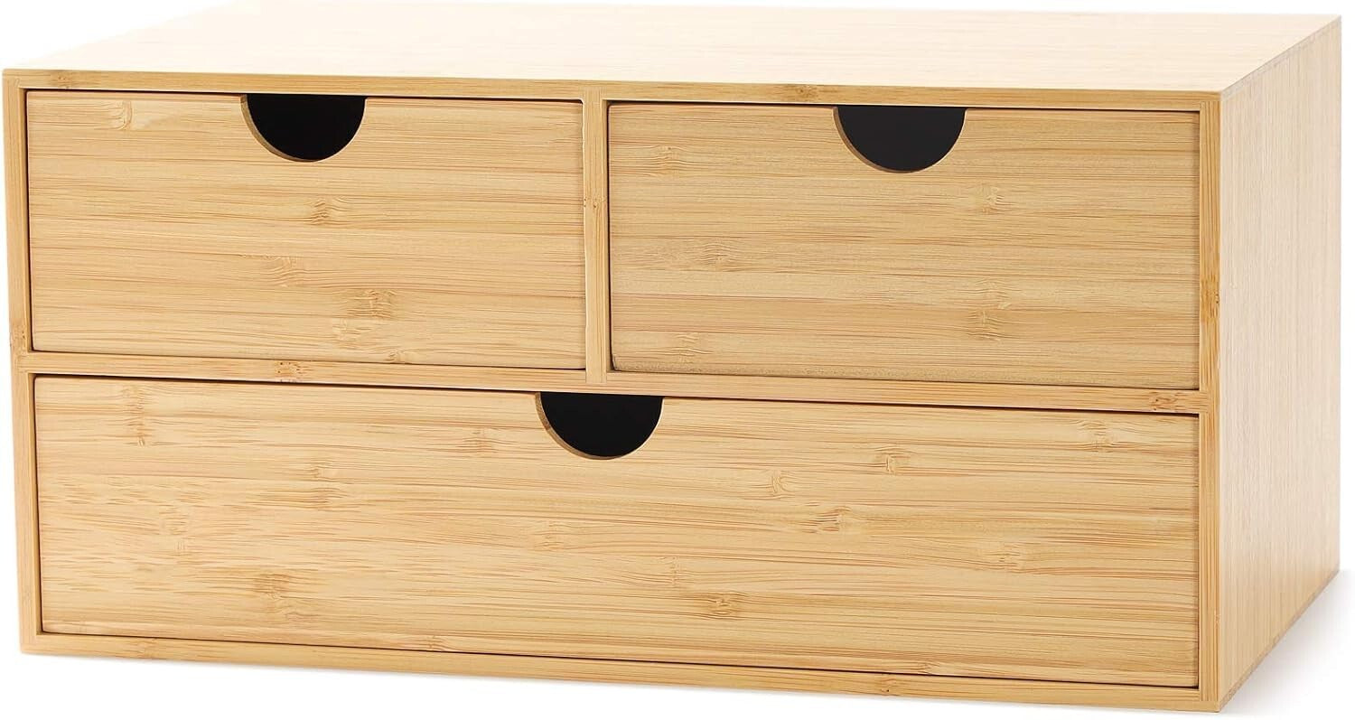 Sustainable Bamboo Mini Desktop Drawer Organizer - Fully Assembled, 3 Drawers