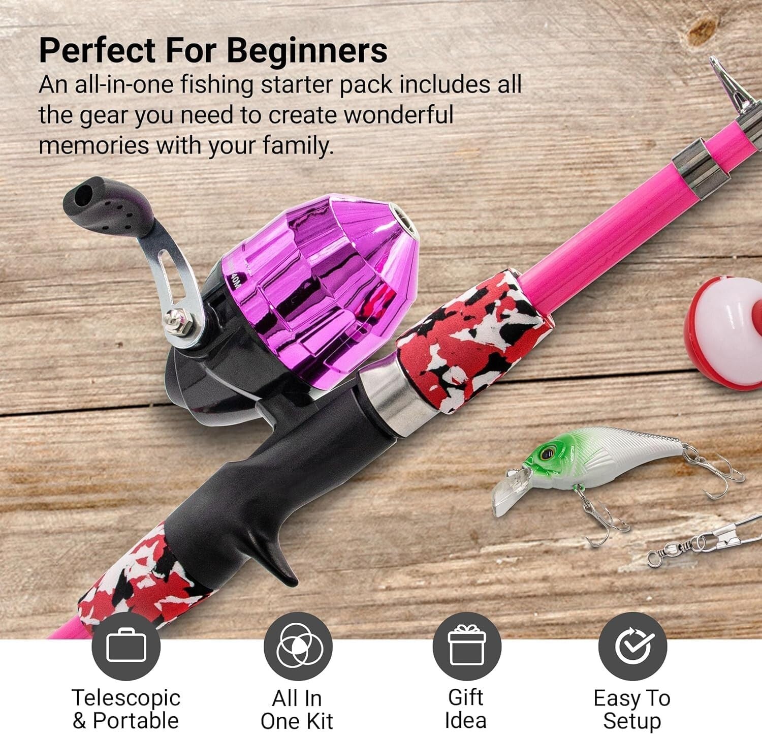 Beginner's Camo Pink Fishing Rod Kit - 65 Inch Telescopic Gear for Kids