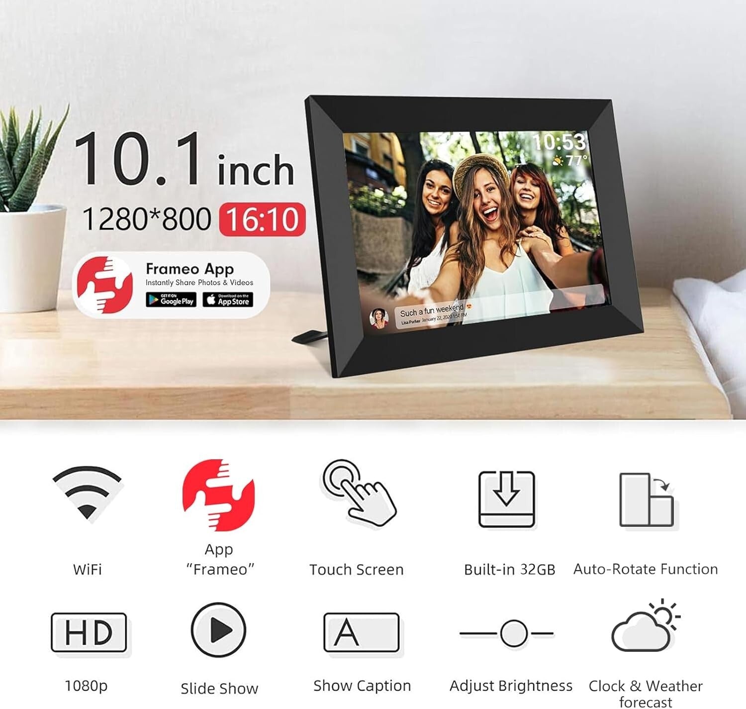 10.1 Inch WiFi Digital Photo Frame with 32GB Storage & Frameo App Integration