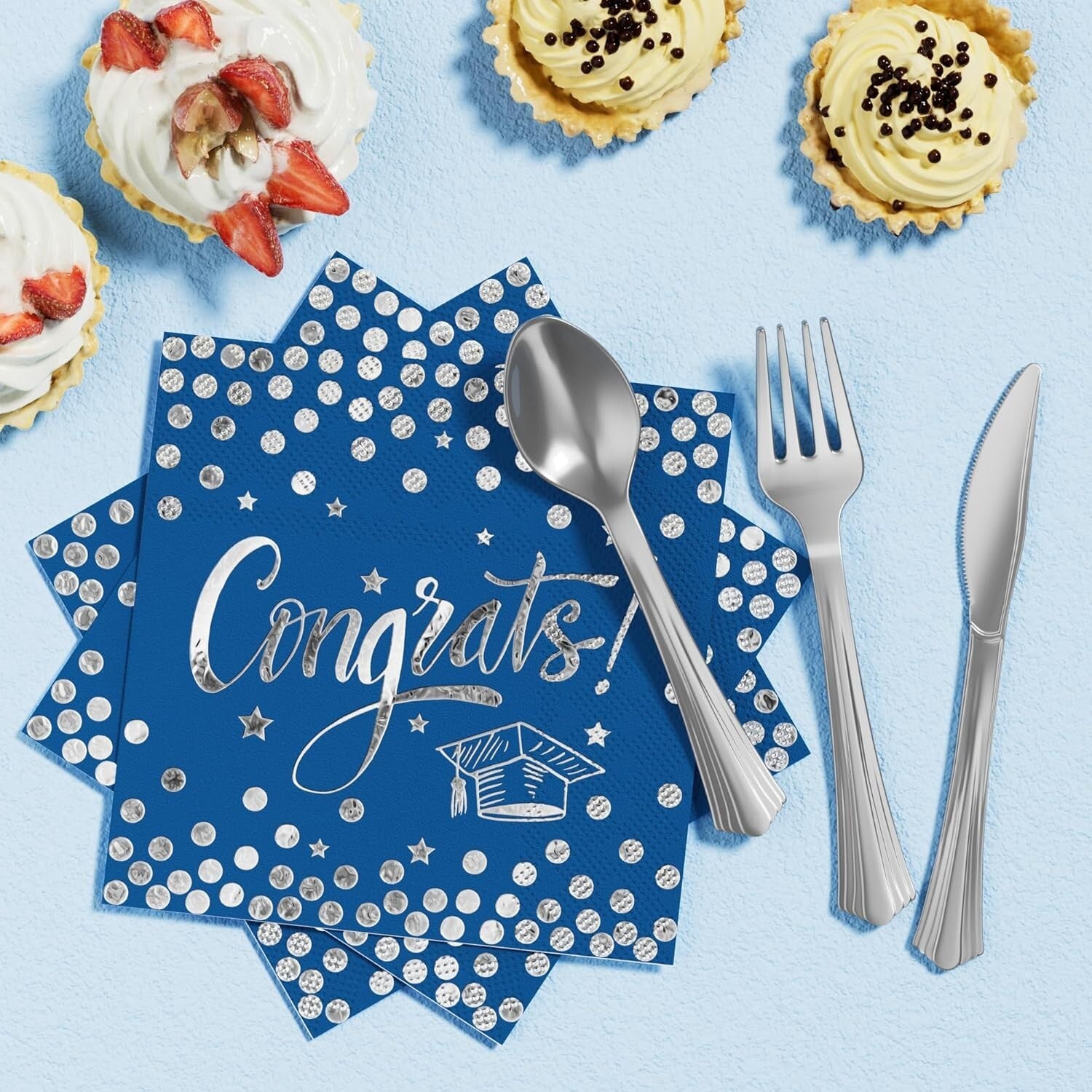 2025 Graduation Party Supplies Set - 245 PCS for 25 Guests - Navy Blue & Silver