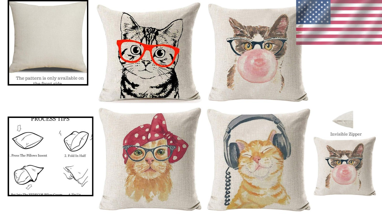 Creative Cat-Themed Decorative Pillow Covers, 4 Pack 18" x 18" Zippered Design