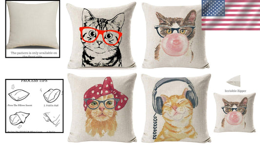 Creative Cat-Themed Decorative Pillow Covers, 4 Pack 18" x 18" Zippered Design