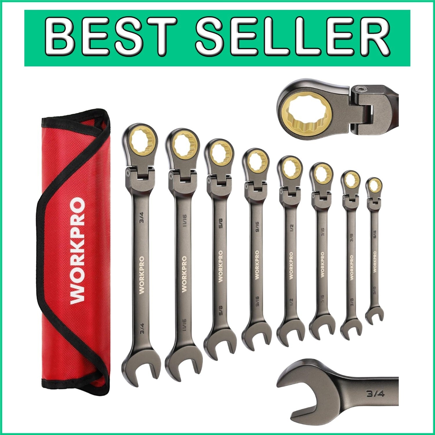 8-Piece Flex-Head Ratcheting Wrench Set with 72 Teeth - SAE Sizes, Durable CR-V