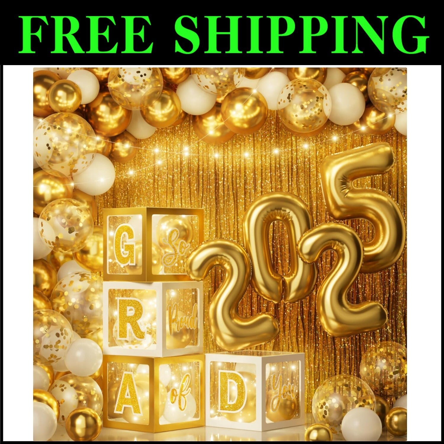 Stylish Gold & White Graduation Supplies Set with LED Lights - Class of 2025