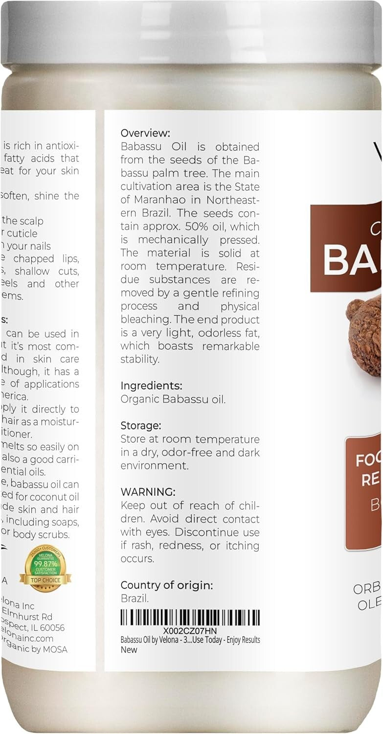 USDA Certified Organic Babassu Oil - 64 Fl Oz Pure Carrier Oil for Skin & Hair