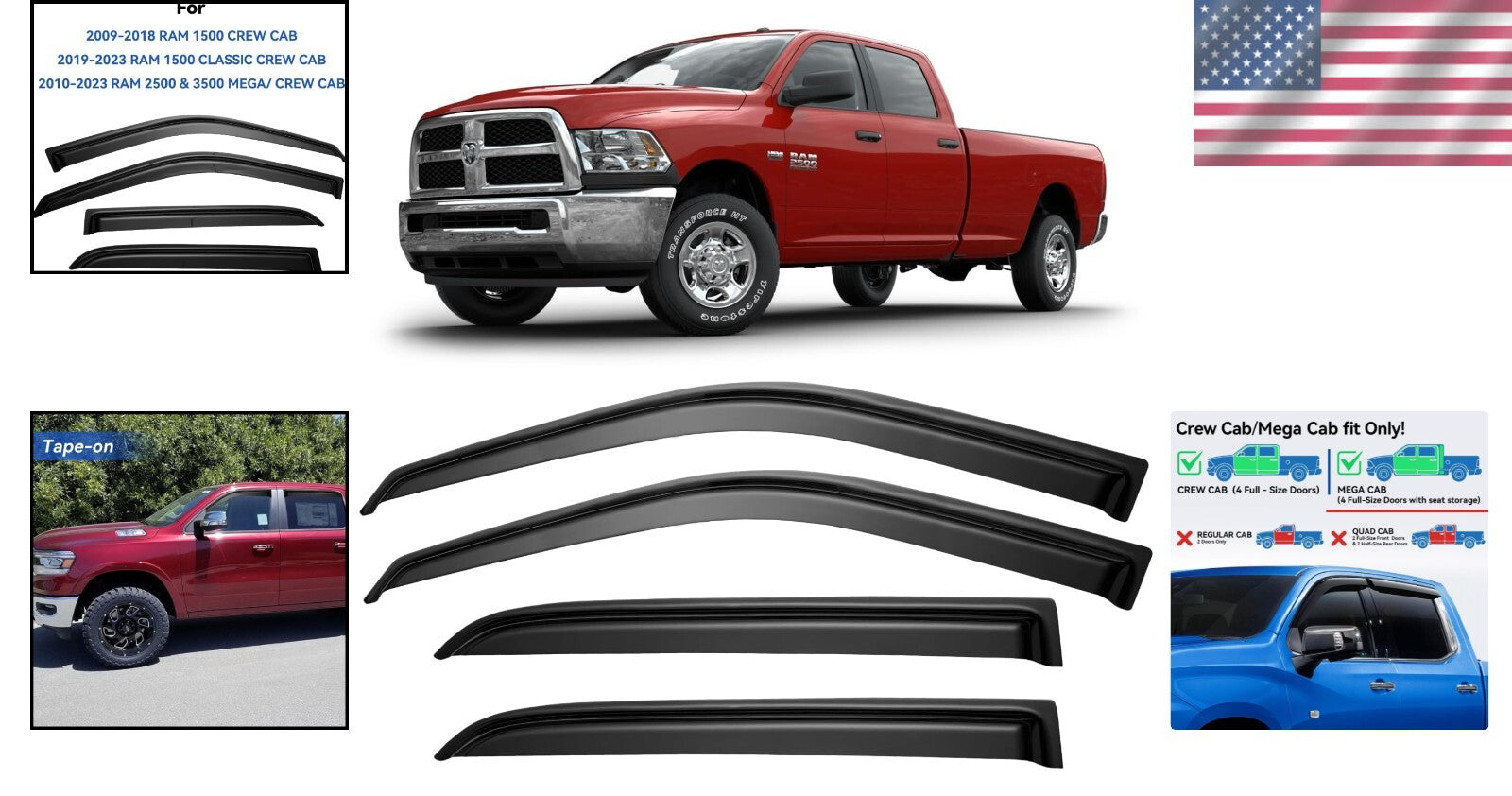 Easy Stick-On Window Rain Guards for 2009-2018 Dodge Ram 1500 Crew Cab