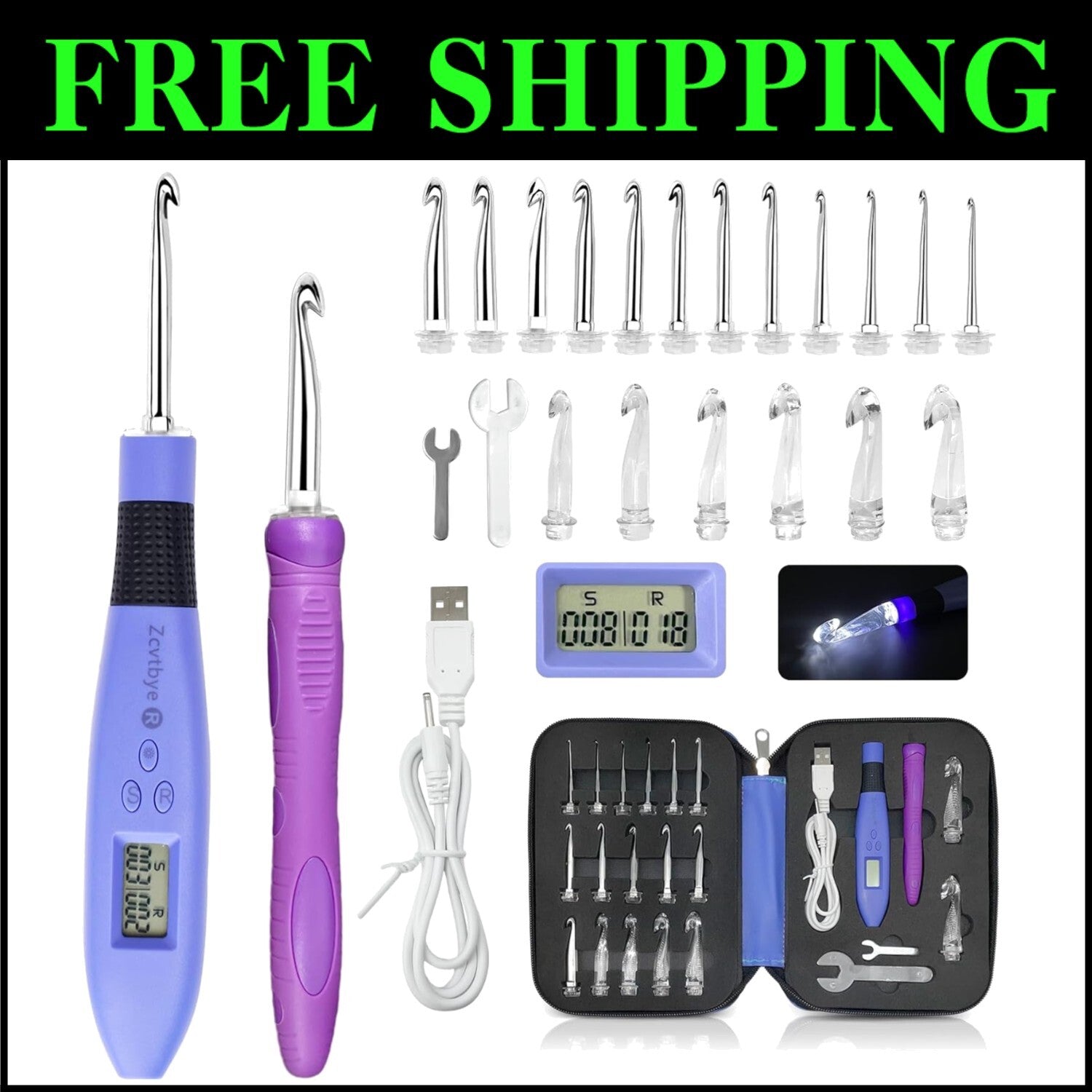 Light-Up Ergonomic Crochet Hook Set with 18 Interchangeable Sizes & Counter