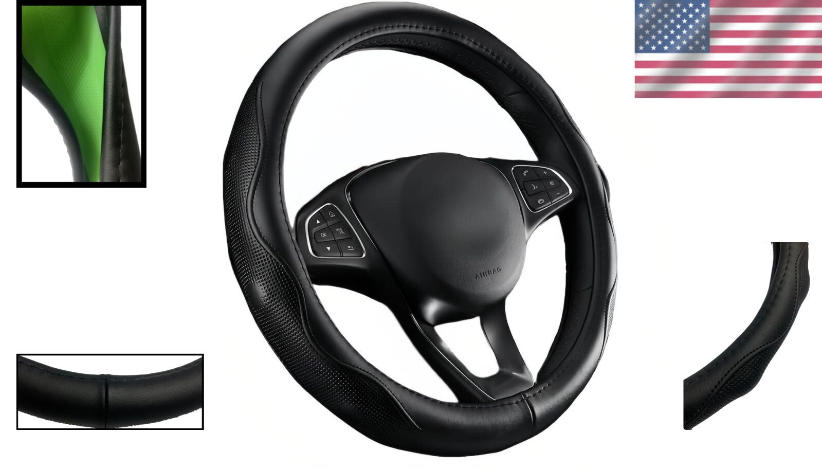 Easy Clean Black Leather Steering Wheel Cover 15.5-16 Inch for Truck Interiors