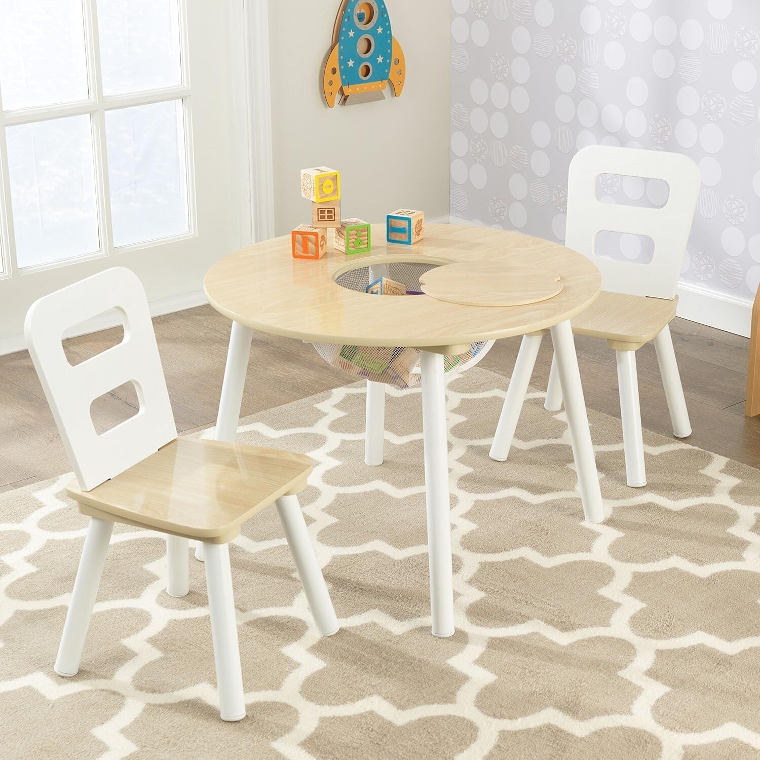 Wooden Round Table & 2 Chair Set with Hidden Storage for Kids Playrooms