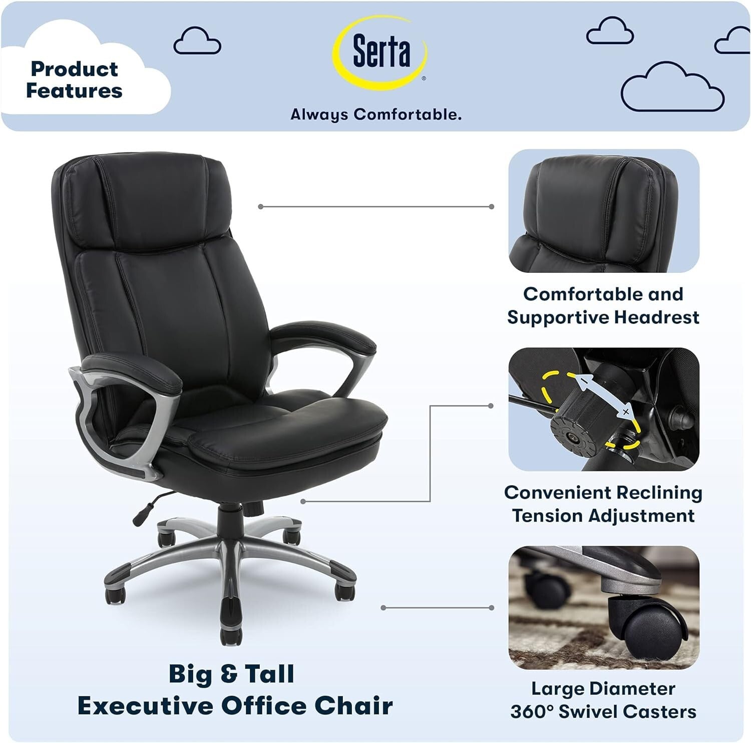 Adjustable High Back Big & Tall Office Chair with Plush Body Pillows & Support