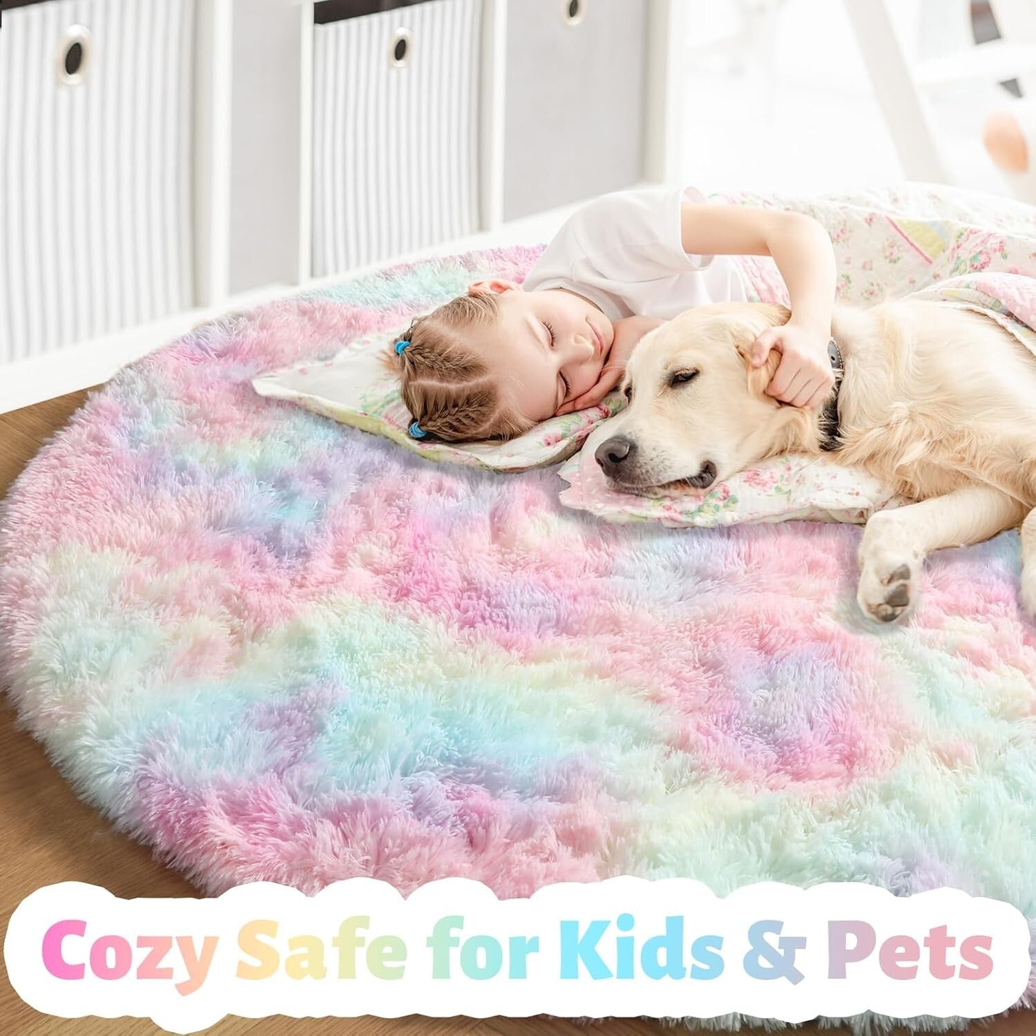 Soft 5Ft Pastel Round Rug - Cozy Fluffy Carpet for Toddler Unicorn Rooms