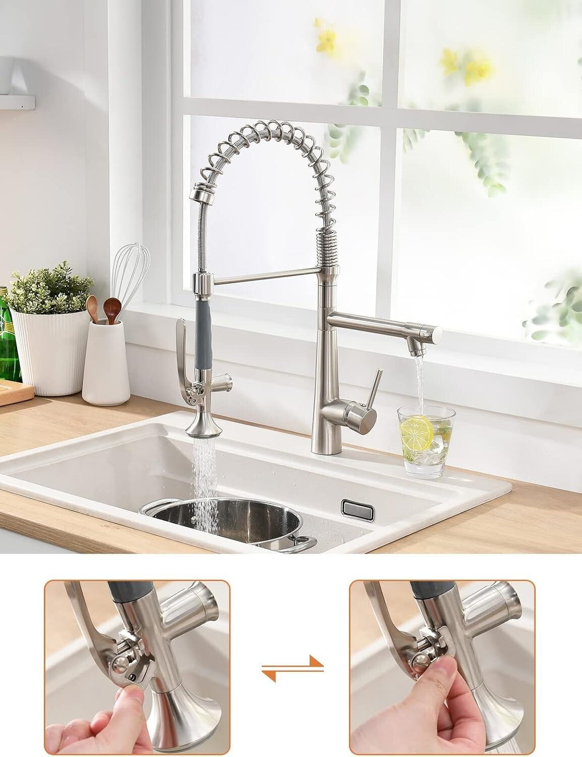 Durable Single Handle Kitchen Faucet with High Arch Gooseneck & 2-Spray Options