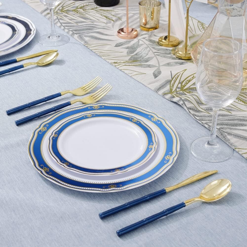Disposable Gold Plastic Cutlery with Blue Glitter Bamboo Handles - 180 Pieces