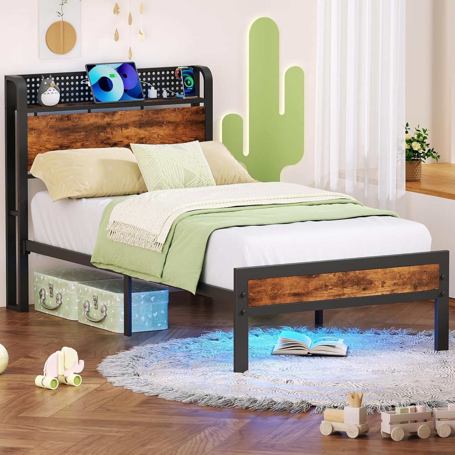 Functional Twin Bed Frame with LED Lights, Wood Headboard & Under-Bed Storage