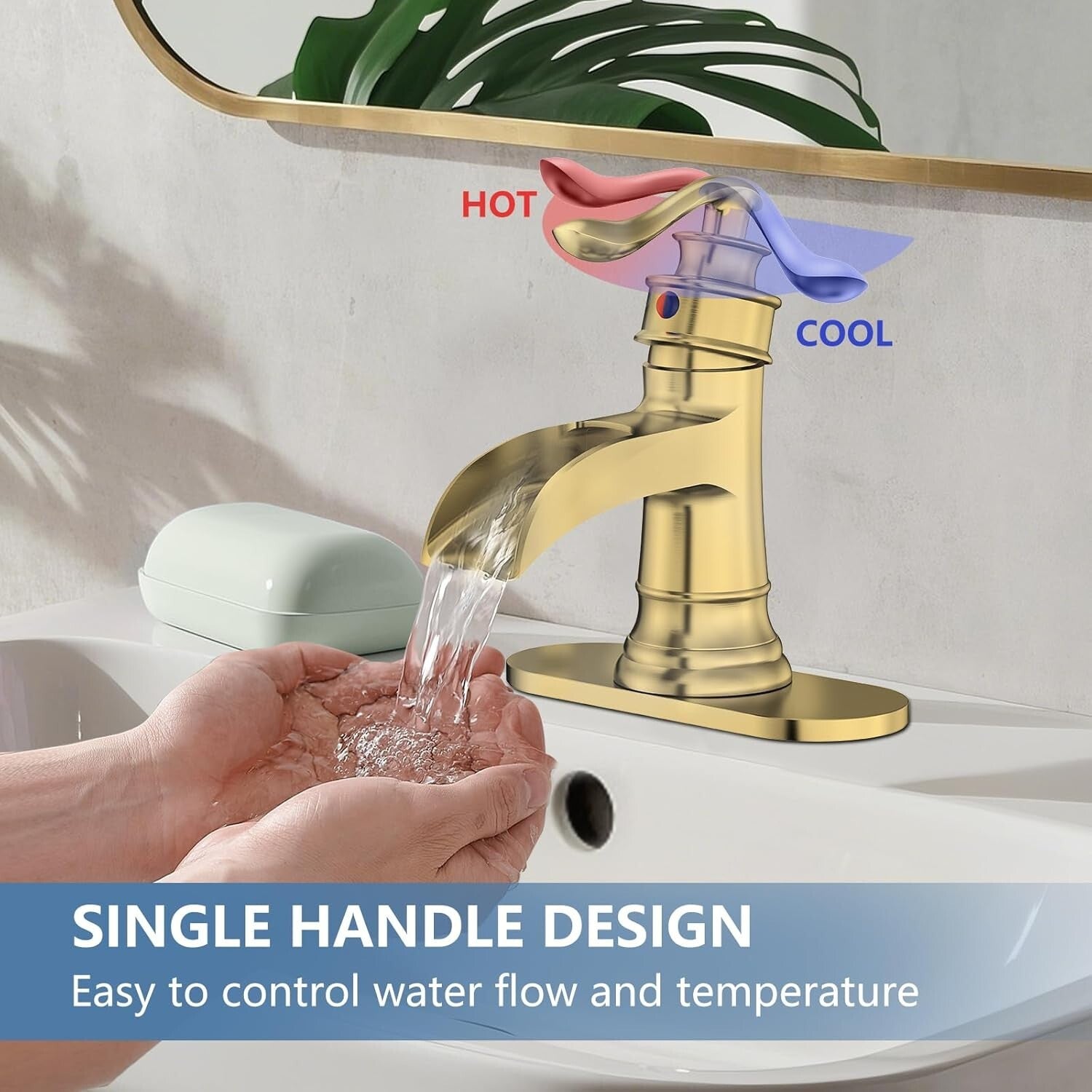 Brushed Gold Waterfall Sink Faucet - Durable Brass, Single Handle, All-Inclusive