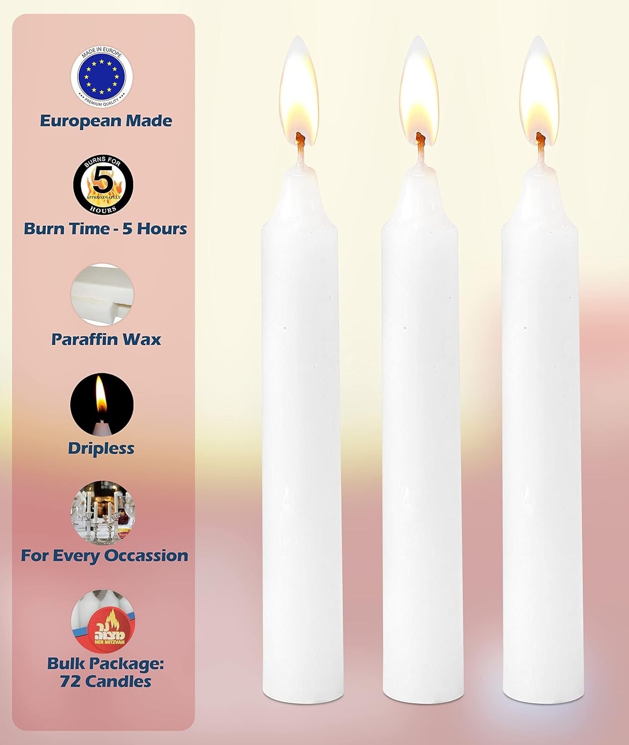 72 Classic White 6-Inch Taper Candles – Dripless & Smokeless for Any Occasion