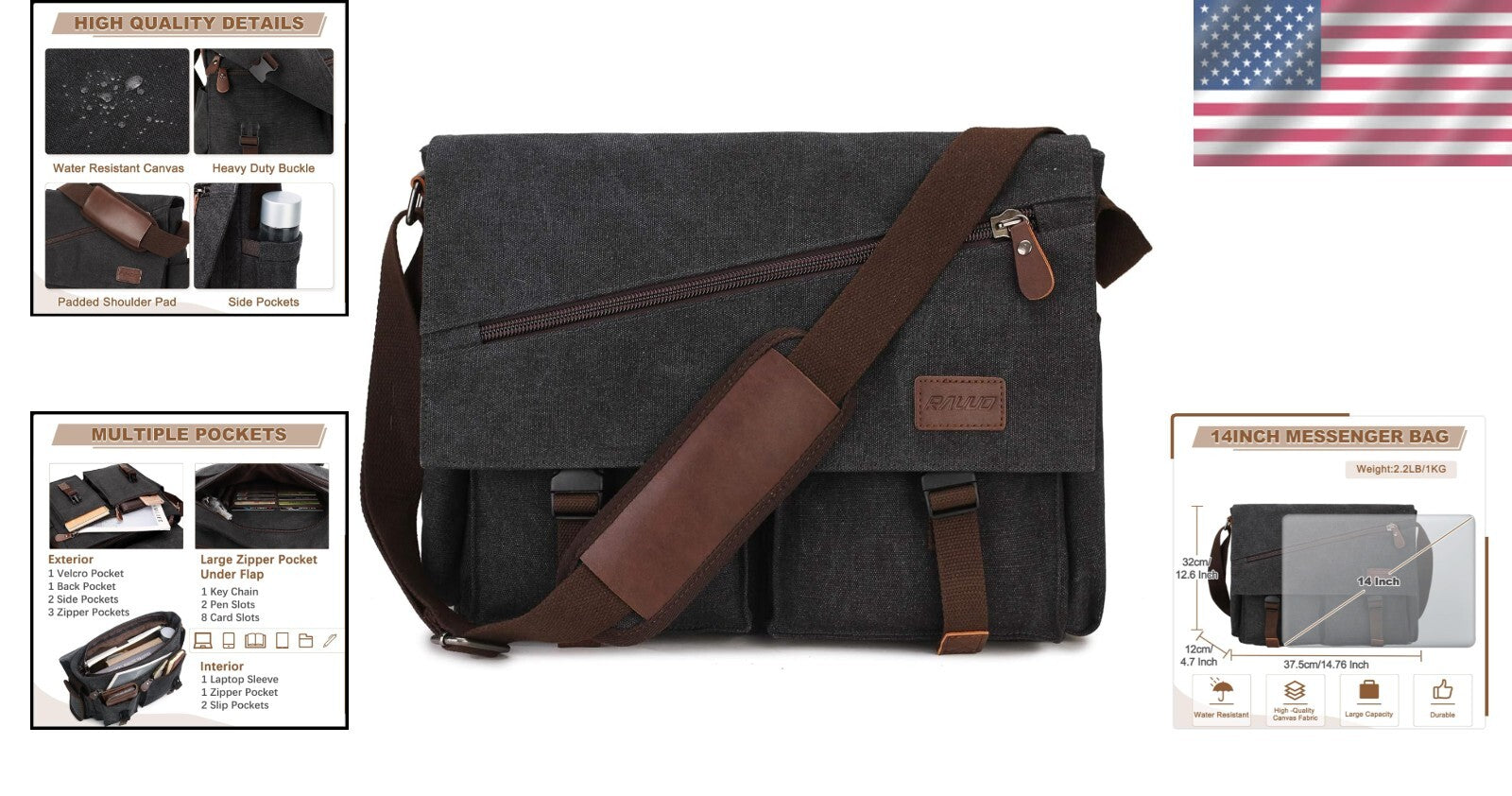 Water-Resistant Canvas Messenger Bag with Anti-Theft Design for 14-17" Laptops
